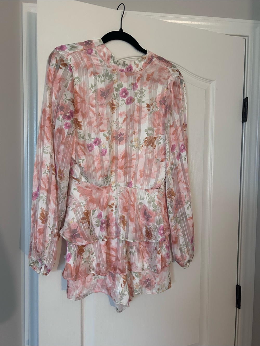 Floral Tiered Long Sleeve Romper- Pink & Cream